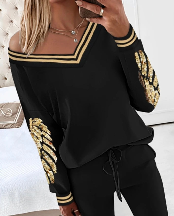 Maxy 2PCS Striped Sequin Wings Pattern Skew Neck Top & Cuffed Pants Set for Women's Clothes New Fashion Women Casual Trousers Outfits