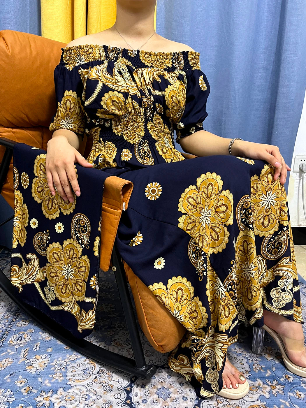 Maxy Muslim Abayas For Women Fashion Floral Elasticity Boat Neck Loose Fit Femme Robe African Party Evening Dresses With Turban
