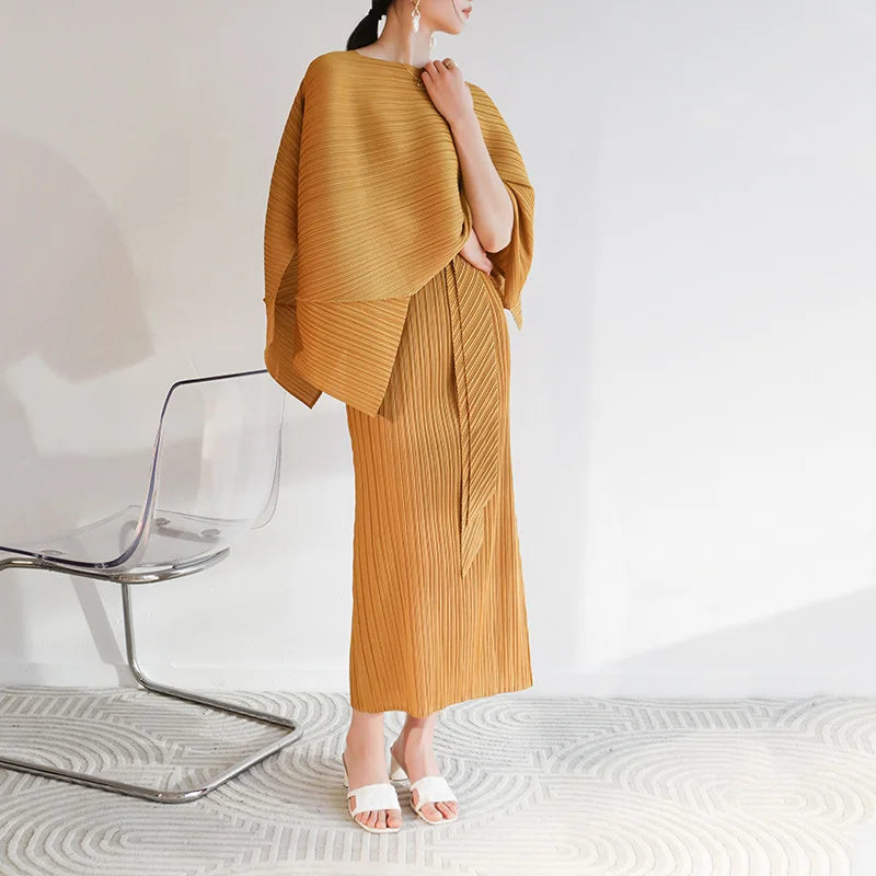 Amay Pleated cape suit summer new fashion suspender skirt+irregular lace-up shawl two-piece set [x244]