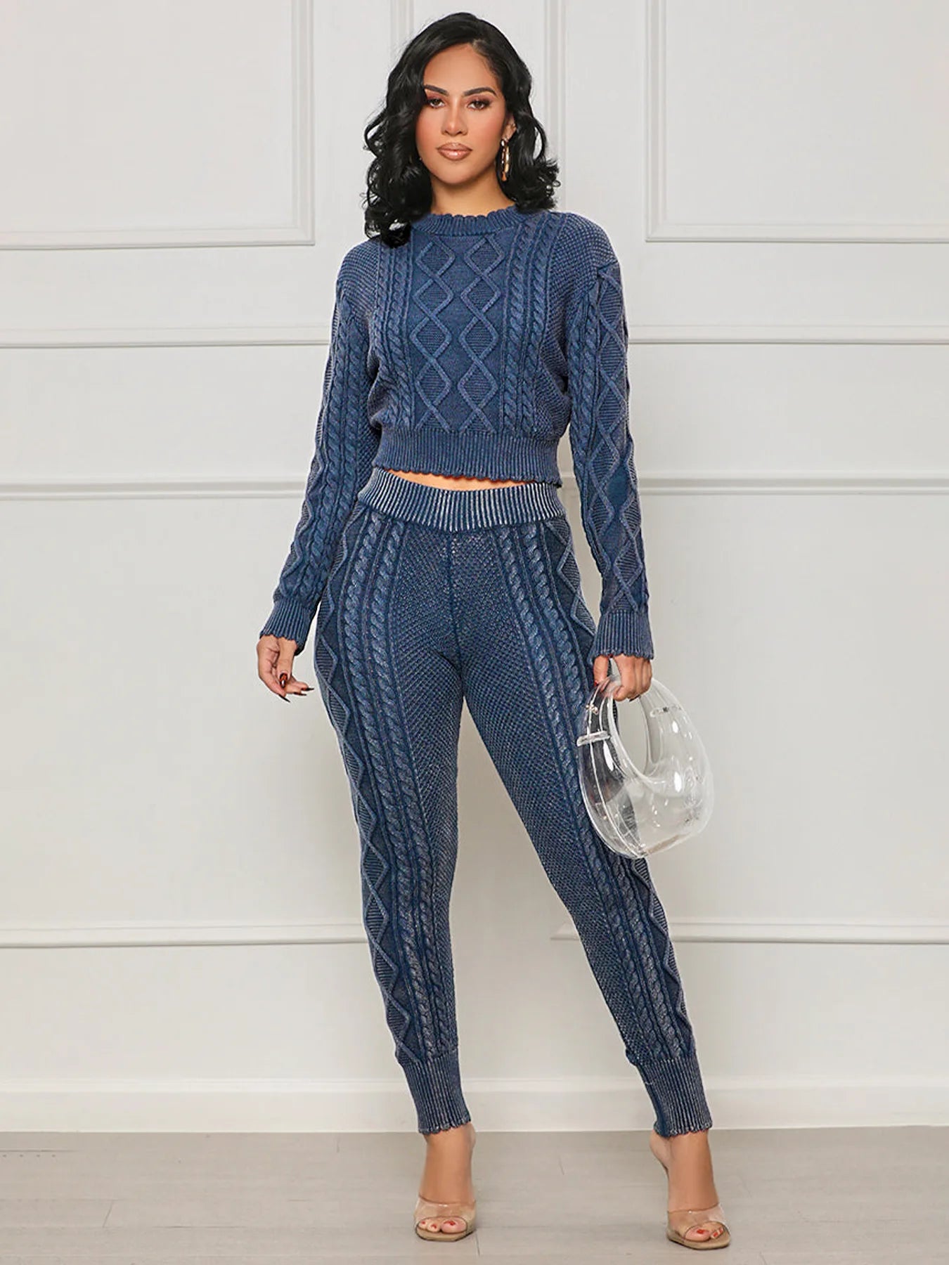 Women Tracksuit 2 Piece Outfits Winter Long Sleeve Stretch Knitted Crop Top And Pants Set Casual Two Piece Set Women Sweater Set