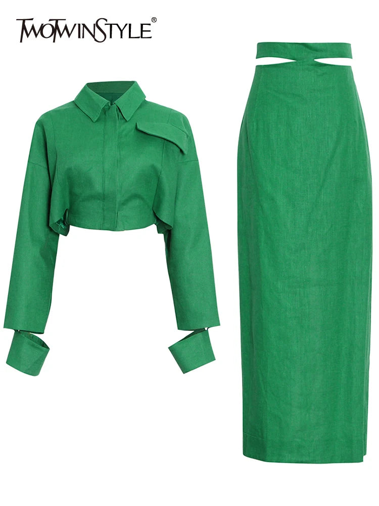 Maxy TWOTWINSTYLE Solid Casual Two Piece Set For Women Lapel Collar Long Sleeve Short Top High Waist Slim Skirt Female Fashion
