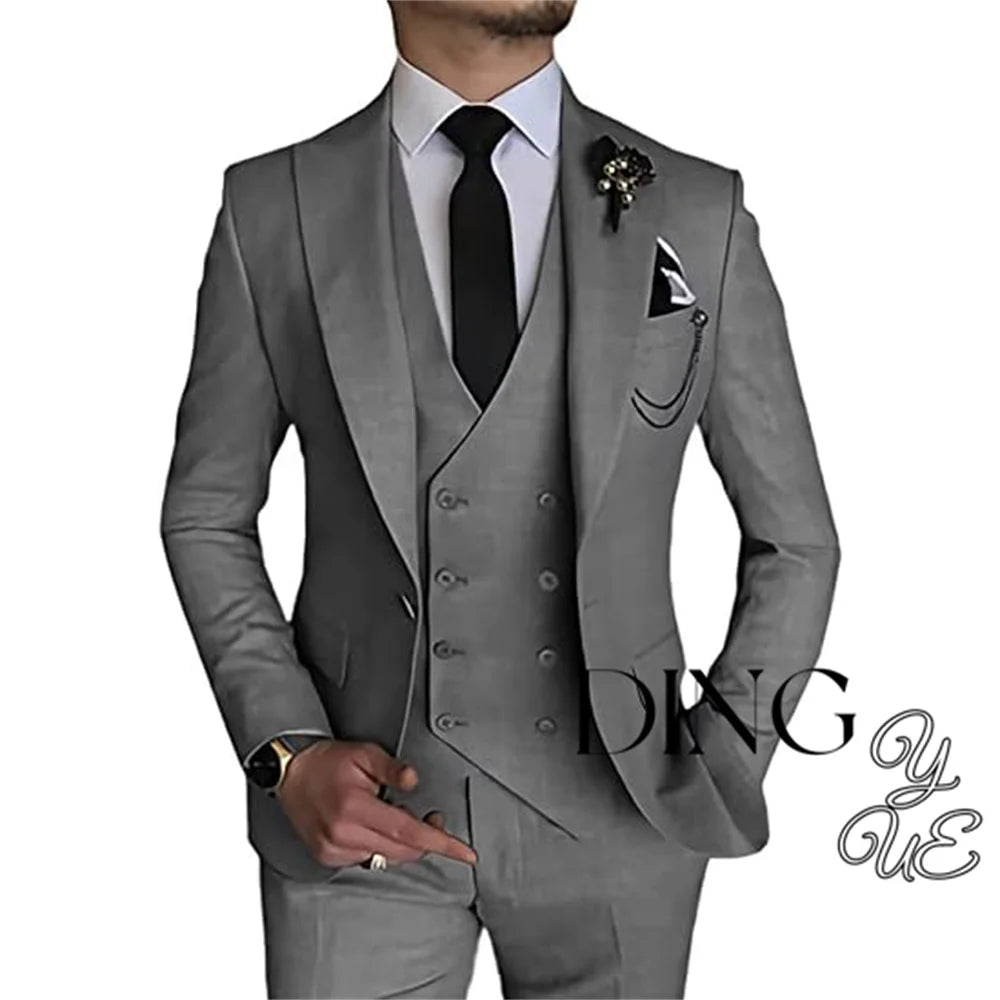 Visco Men Business Blazers Jacket Vest Trousers High End Wedding Party Groom Suit 3 Pieces Sets Coat Pants Big Size Dress