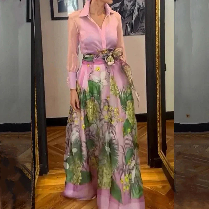 Maxy Casual Lapel Lantern Sleeve Shirt + Long Skirt Suit Fashion Lace Up Party Outfit Elegant Pattern Print Autumn 2 Piece Sets