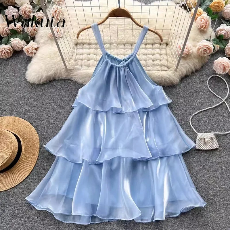 WAKUTA Summer Elegant Neck Hanging Sleeveless Ruffle Edge Dresses Casual Patchwork Ruffle Edge Sweet Cake Vestido Elegante Mujer