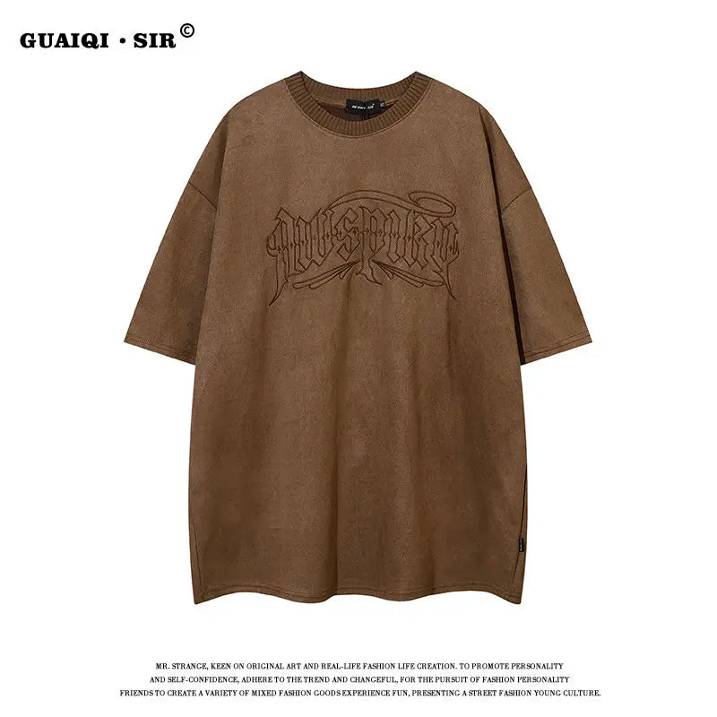 Maxy Original American retro brown embroidered suede short-sleeved T-shirt for men ins trendy design street tops men clothing y2k