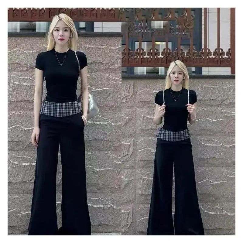 Maxy Women's Suit Fashion 2 Piece Set Short Sleeve Top Wide Leg Pants Cotton Women Summer Casual Elegant American Style Premium