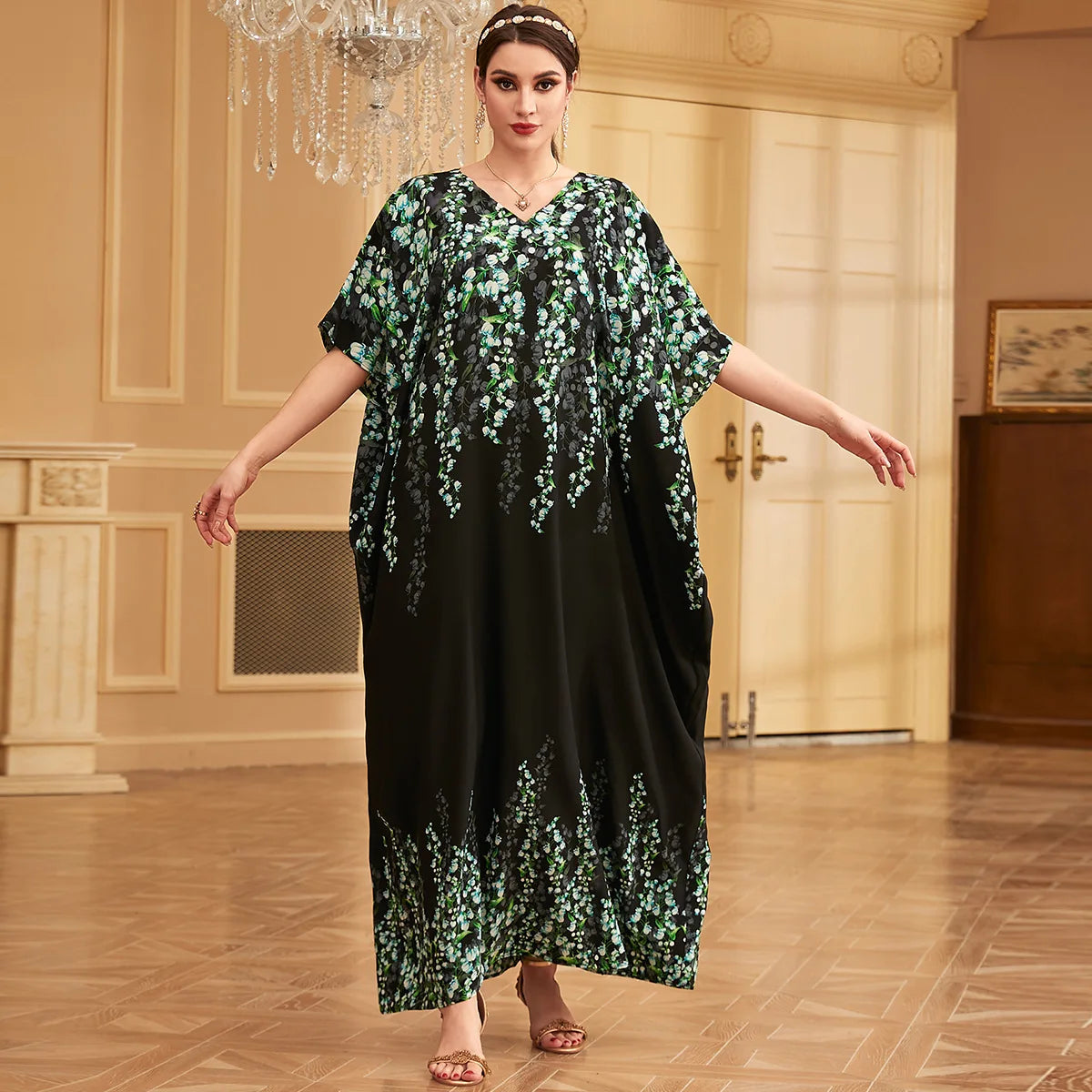 Maxy Summer Print Loose Dress Women Muslim Kimono Sleeve Robe Dubai Abaya Turkey Kaftan Marocain Caftan Arabic Party Gown