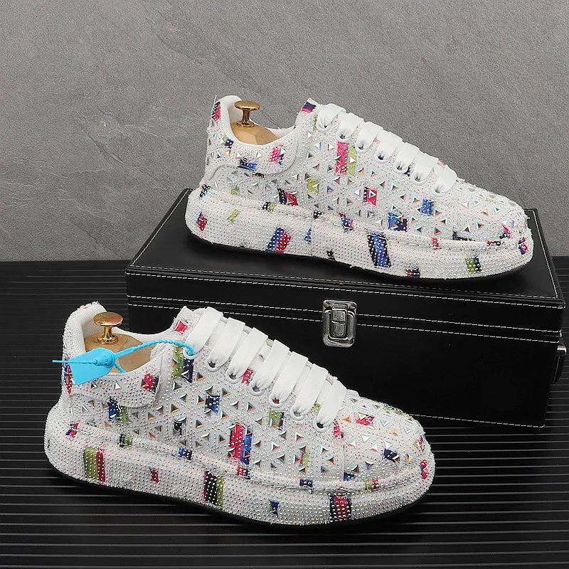 Visco European Rhinestone Thick Soled Casual Sport Shoes Men's Spring Summer Fashion Luxury Sneakers Youth Male Flats Outdoor Derby