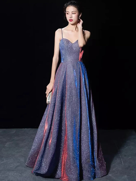 Maxy Elegant Glitter Banquet Dresses Women Fashion Spaghetti Straps Slimming Starry Sky Evening Party Dress Sexy Gown Prom Dress