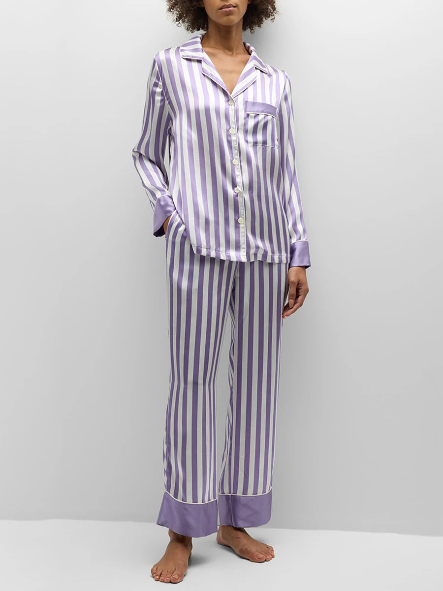 Women Striped Pajama Set Elegant Long Sleeve Top with Pants Sleepwear Loungewear