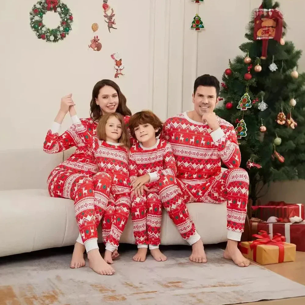 Maxy 2024 Winter Christmas Family Matching Clothes Cartoon Allover Print Casual Soft Lounge-wear Parent-child Pajamas Set Xmas Gift