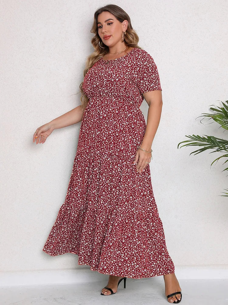 Gacy Plus Size O-Neck Ditsy Floral Ruffle Hem Dress Women Summer Short-sleeved Vacation Bohemian Beach Maxy Long Dresses