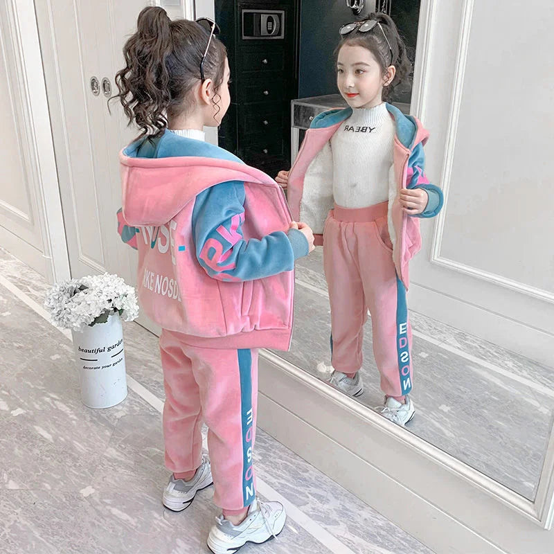 Babs Girls Suit Coat Pants Cotton 2Pcs/Sets Velvet Thicken Spring Winter Sports Sets Tracksuit Uniforms Children Clothing