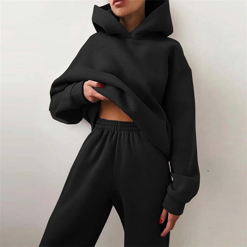 Maxy Women's Oversized Tracksuit Set Warm Autumn Fashion Hoodie Sweatshirts & Long Pants Casual Two-Piece Solid Hoody Pullover Outfit