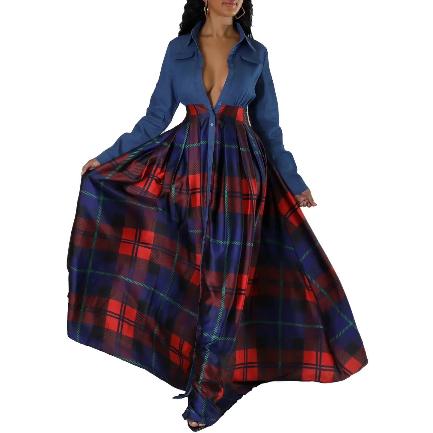 Maxy Plus Size Fashion African Party Dresses for Women Dashiki Ankara Gowns Autumn Elegant Grid Print Splice Turkey Muslim Maxy Dress