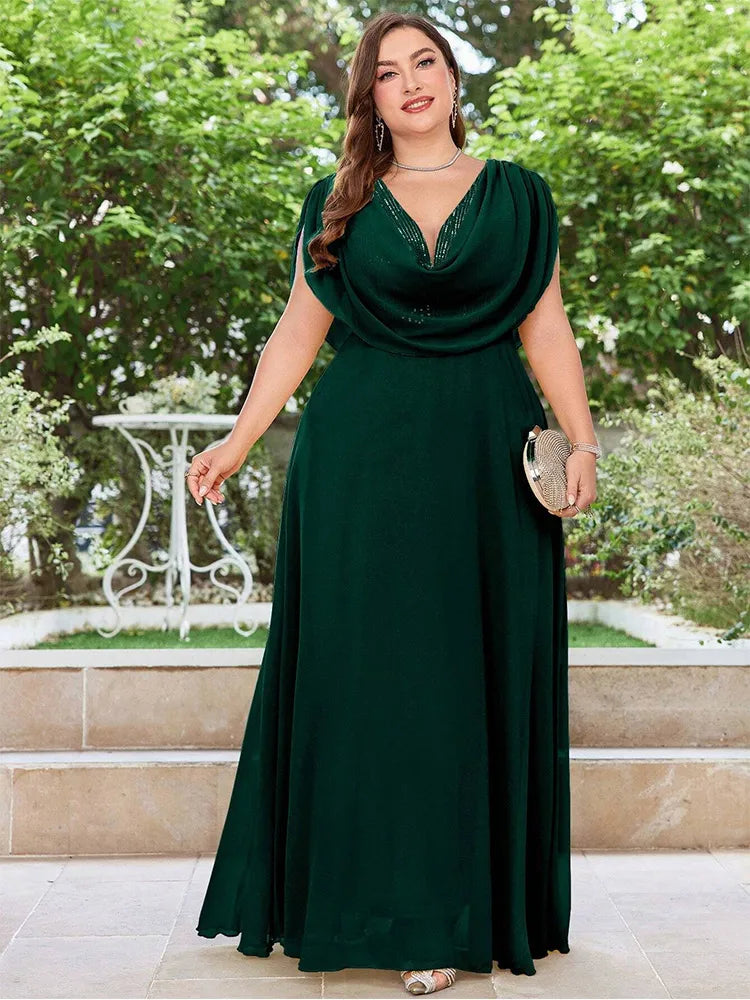 Maxy Plus Size V Neck Chiffon Yellow Floor Floor Bridesmaid Luxury Dress 4XL 5XL Big Size Shiny Chiffon Banquet Evening Dress Women