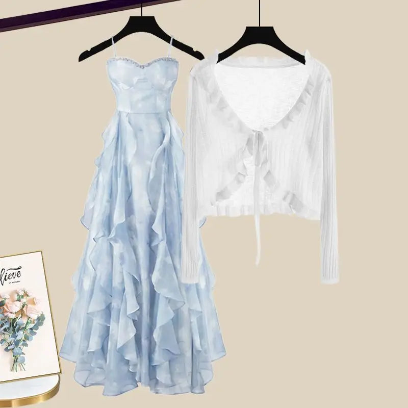 Maxy Summer Sun Protection Ice Silk Chiffon Shirt Ruffle Suspender Dress Two-piece Set Elegant Women's Dress Set Party Dress