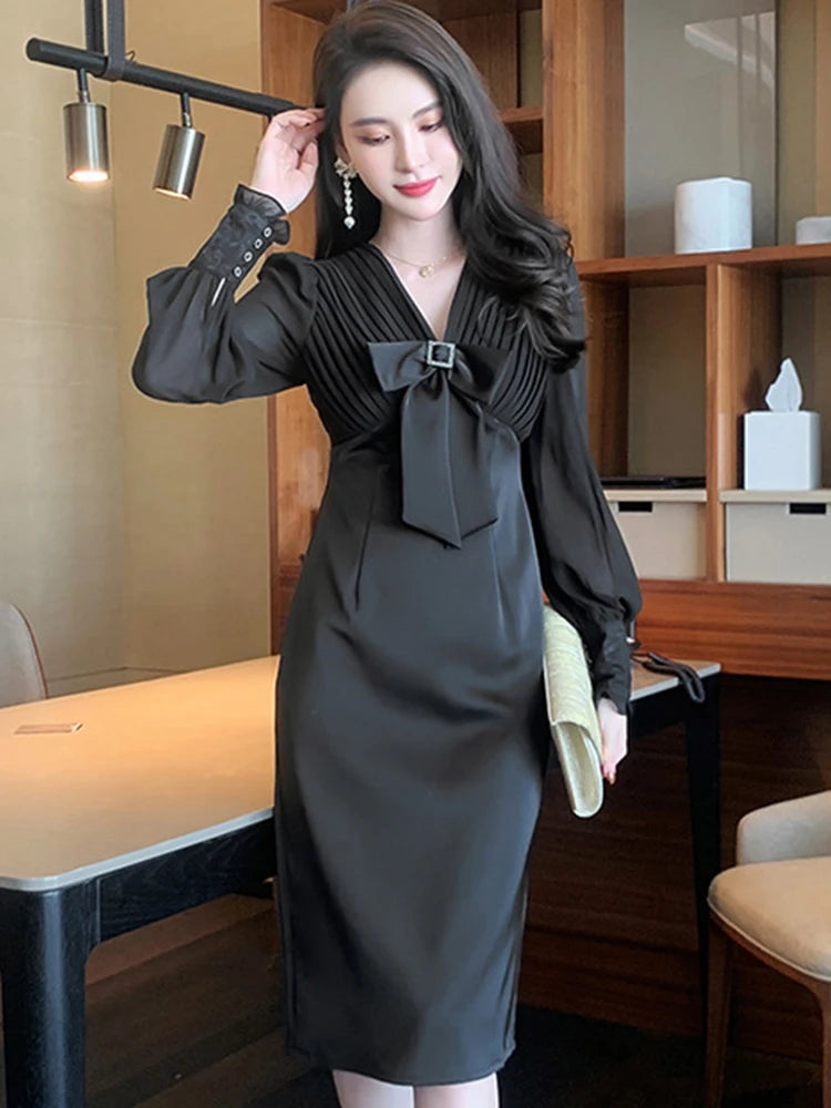 Gaxy Elegant Celebrity Woman Dress Chiffon Spliced V-neck Bow Puff Sleeve Slim Black Robe Femme Midi Gown Office Party