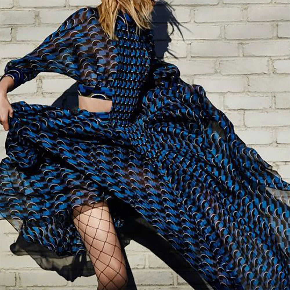 Maxy Fashion Summer Print Dress For Woman Stand Collar Long Sleeve Hight Wasit Hollow Out Midi Dresses Female New