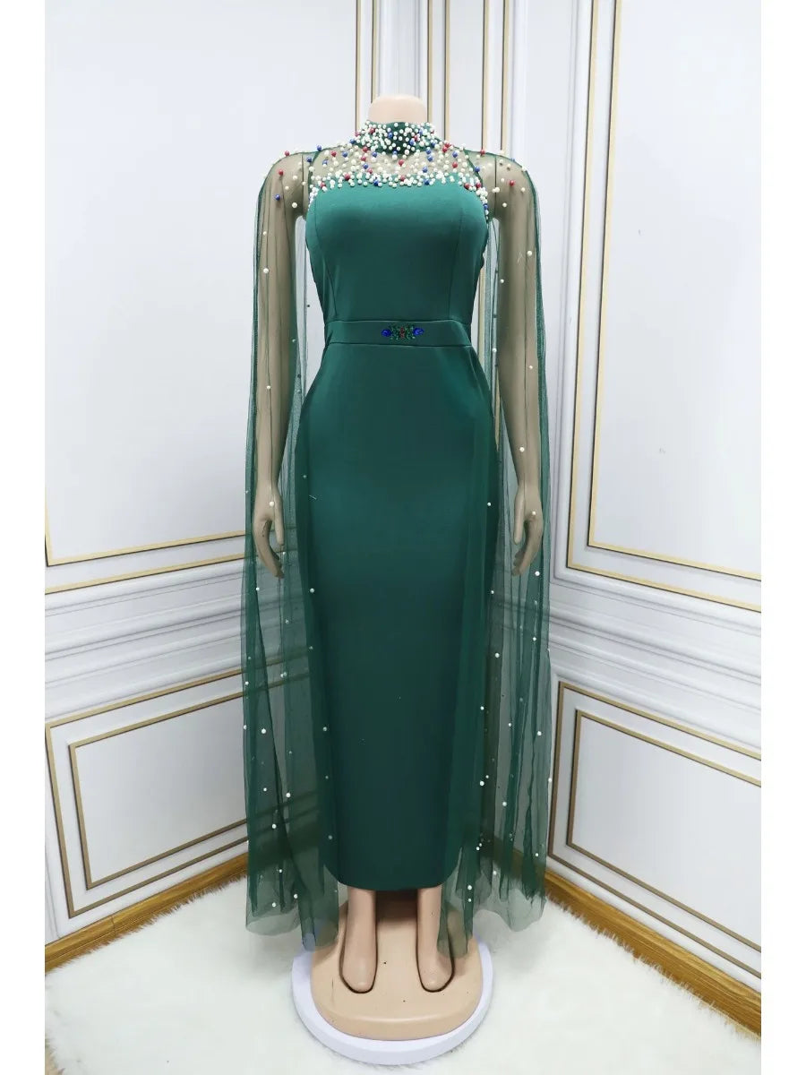 Maxy Ramadan Party Dress for Women Maxy Long Sleeve Mesh Beads Lagors Dubai Arabic Abaya with Cloak Elegant dress