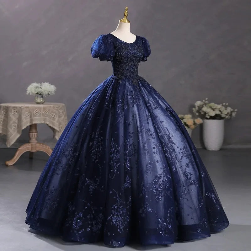 Maxy new Navy Blue Bubble Sleeve Dress, Student Art Exam Vocal Performance Dress, Fluffy Dress, Annual Meeting Host Evening Dress