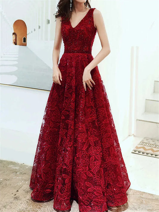 Maxy Wine Red Dress Solid Color Sequin V-neck Long A-line Skirt Elegant Evening Gown M047