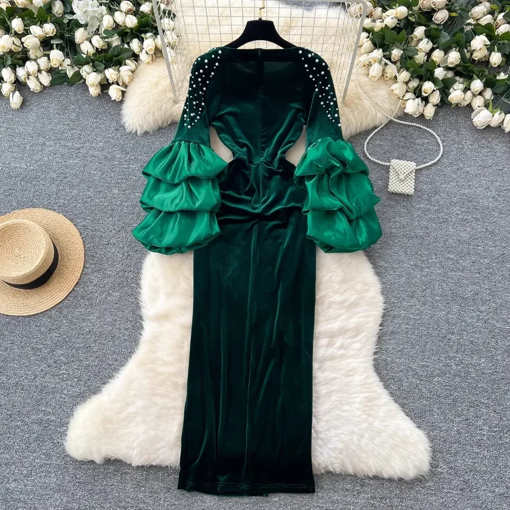 Maxy Elegant Lotus Leaf Sleeve Vintage O-neck Chic Embroidered Beads Slim Split Velvet Dresses Evening High Street Plus Size Clothing