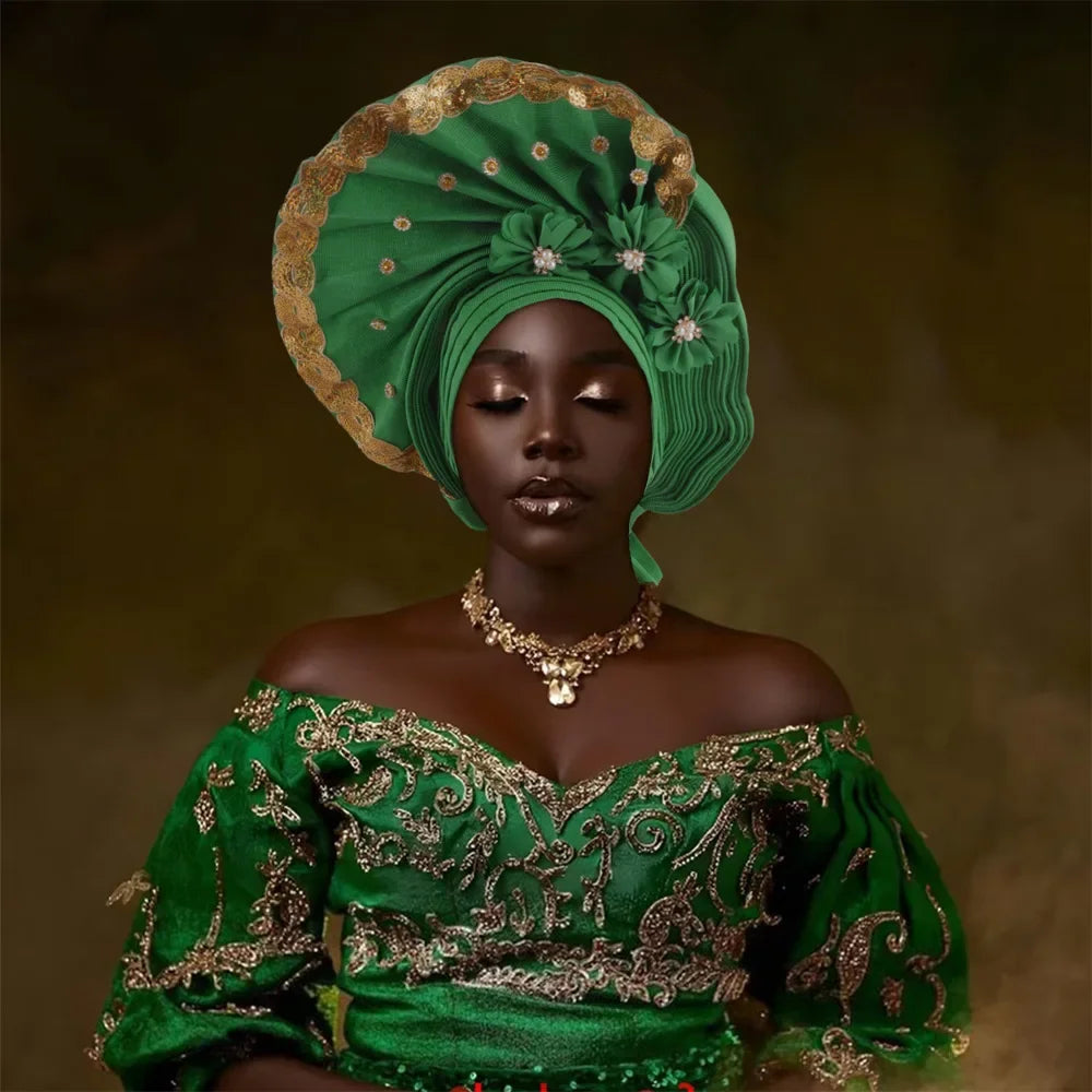 Maxy Beaded Turban Cap for Women Wedding Headwear Auto Gele Aso Oke Headties Hijab Bonnet Head Wrap Hat Nigeria Headgear