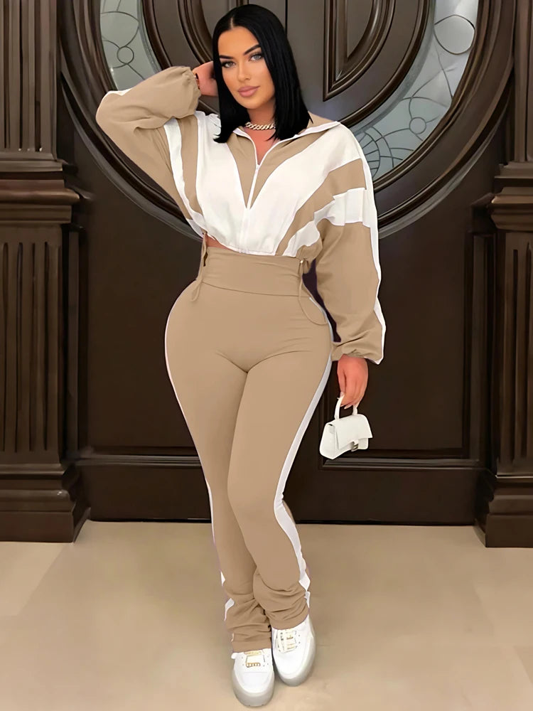 Casual Womens Set Zipper Jacket and Jogger High Waist Flared Pant Suit 2025 Fall Street Fashion Tracksuit Gym 2 Two Piece Sets