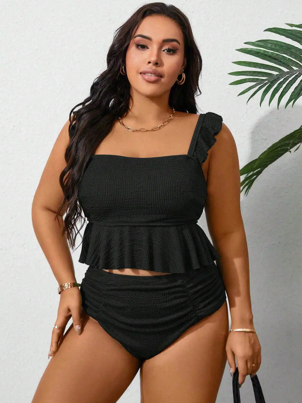 Maxy Black Ruffled Peplum Bikini Set with Square Neck and High Waist