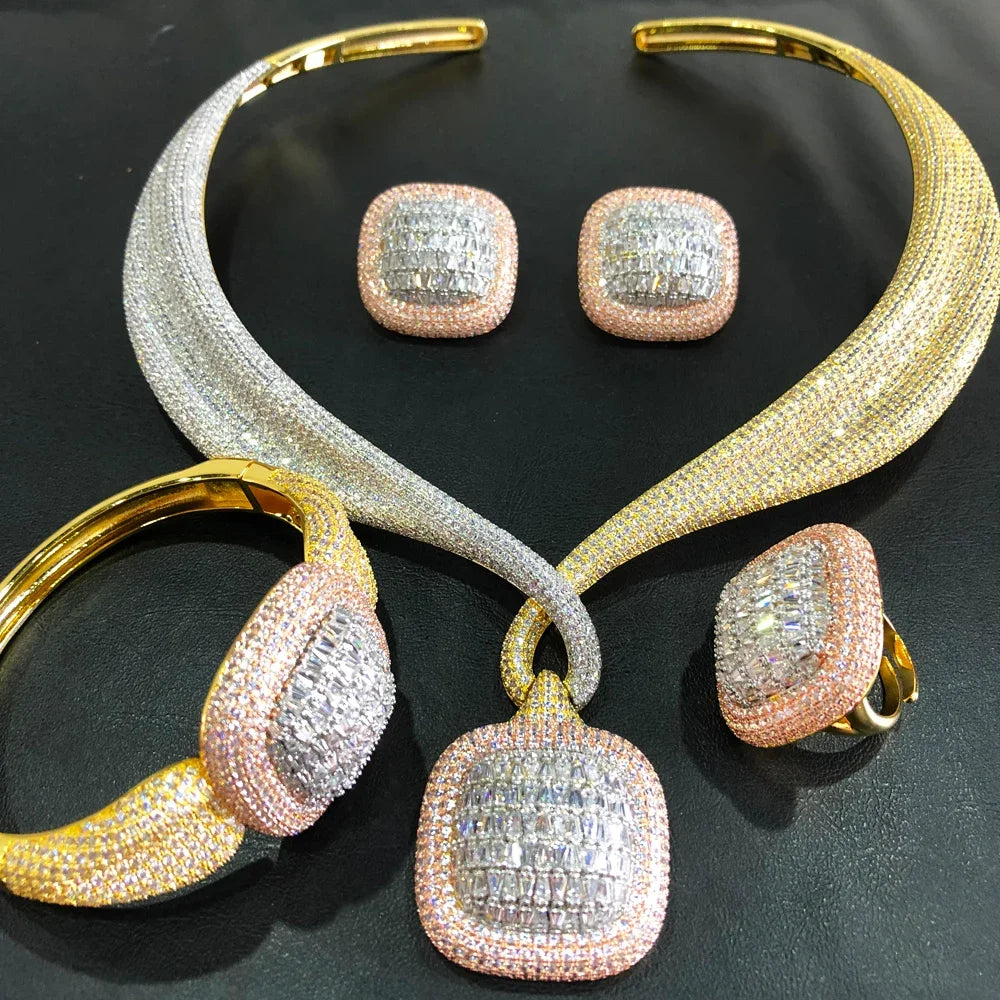 Maxy Trendy 4PCS Luxury Turquoise Statement Jewelry sets For Women Wedding Cubic Zircon Indian African Dubai Bridal Necklace