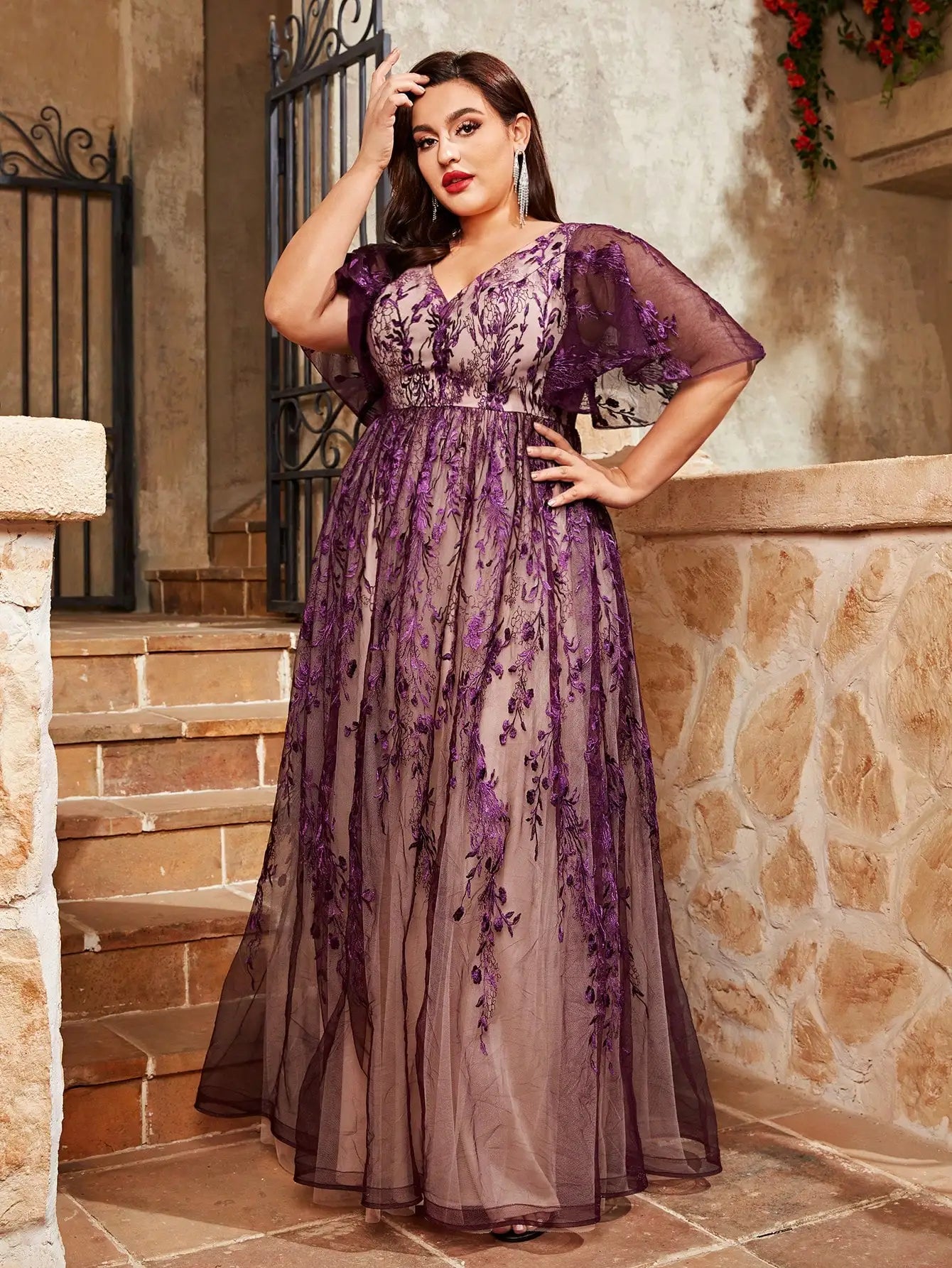 Maxy plus size V-neck embroidered lace large trumpet sleeve color mesh long skirt evening gown ball dress Party dress