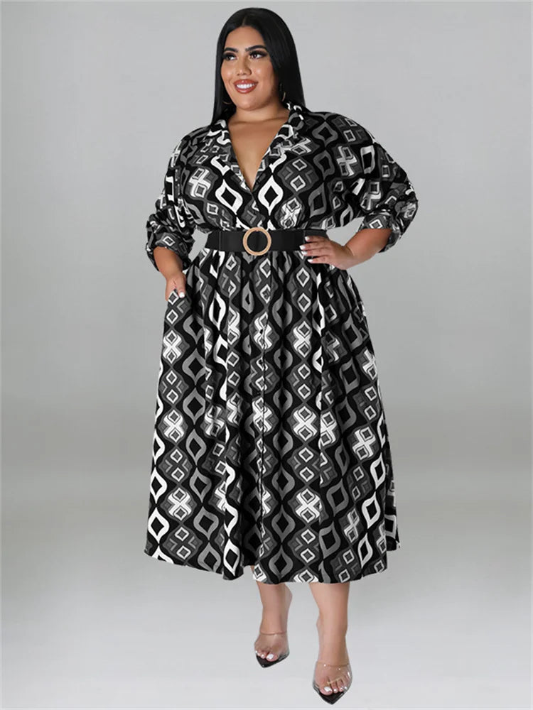 Maxy Plus Size Dresses for Women with Belt V Neck Print Casual Maxy Dress Elegant Fashion Streetwear