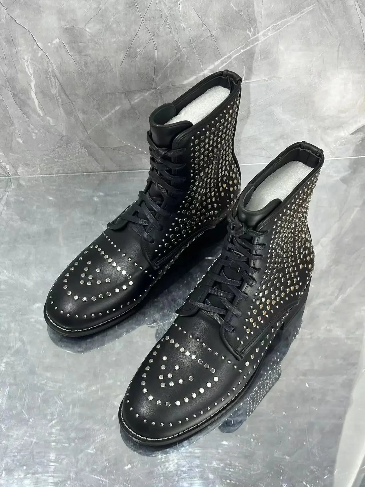 Visco New Black Men's Calf Boots Round Toe Lace-Up Low Heel Rhinestones Inset Punk Style Street Short Botas Large Size Men Shoes