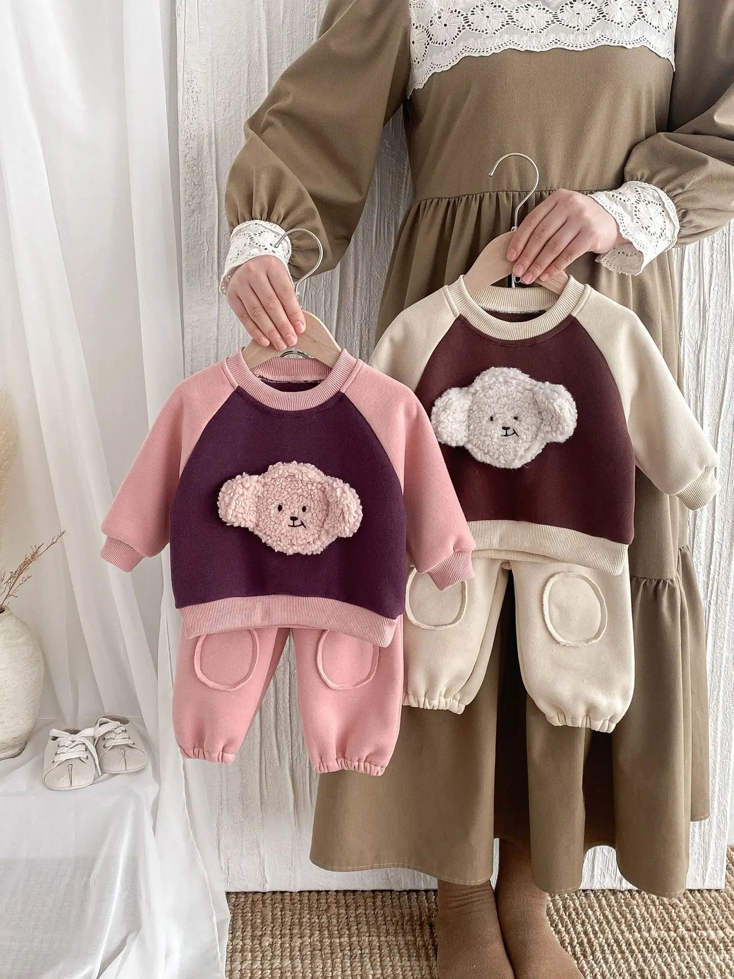 Maxy 2024 Winter New Baby Fleece Warm Clothes Set Infant Girls Bear Sweatshirt + Pants 2pcs Suit Plus Velvet Thick Boys Warm Outfits