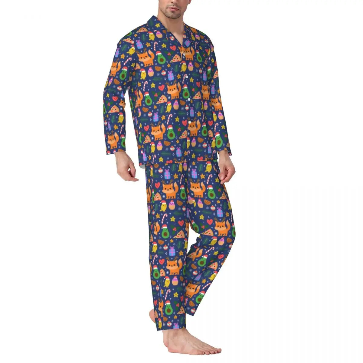 Maxy Cute Fox Print Pajama Sets Funny Christmas Kawaii Sleepwear Man Long Sleeve Loose Leisure 2 Pieces Nightwear Big Size XL 2XL