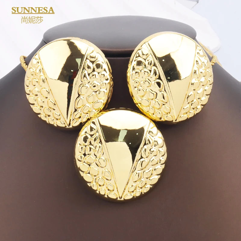 SUNNESA Leaf Shape Big Pendant Necklace Luxury Dubai Jewelry Set for Women Wedding 18k Gold Plated African Drop Earrings