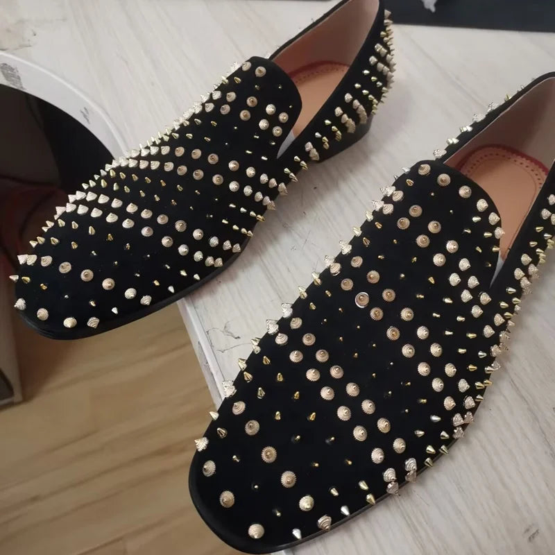 Amay New Black Suede Loafers Men Rivet Shoes Fashion Leather Formal Shoes For Men Italian Slip On Dress Shoes Party Mens Shoes