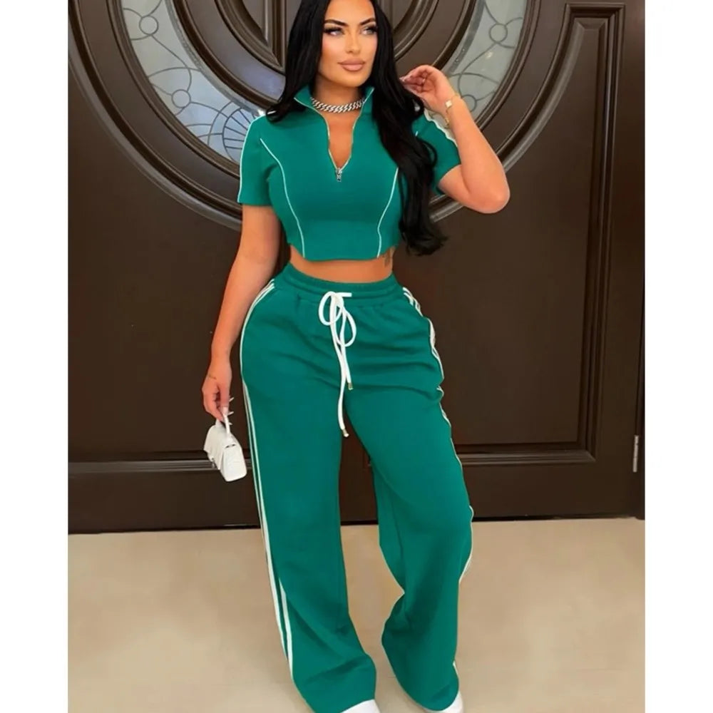 Maxy Fashion Casual Short Hoodie 2 Piece Women Summer Zipper Top Short Sleeved Sports T Shirt Stripe Splicing Long Pants Female Suit