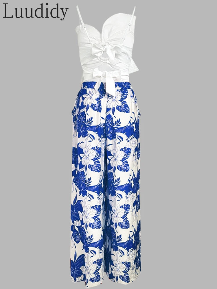 Maxy Two Piece Outfits Woman Asymmetrical Neck Spaghetti Strap Top and Casual Floral Print Wide Leg Pants Set