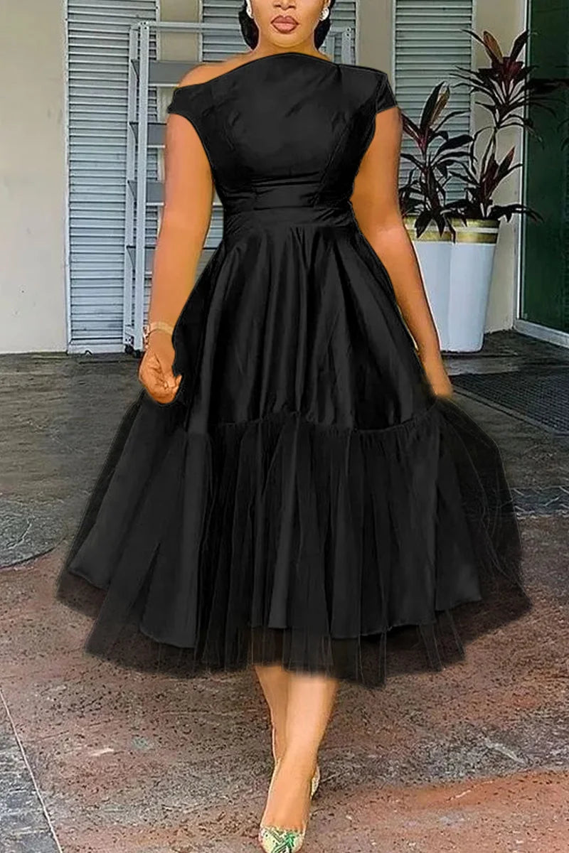 Maxy Plus Size Elegant A-line Tulle Midi Dress for Women Off The Shoulder Party Club Wedding Guest Prom Dresses Midwaist Dress