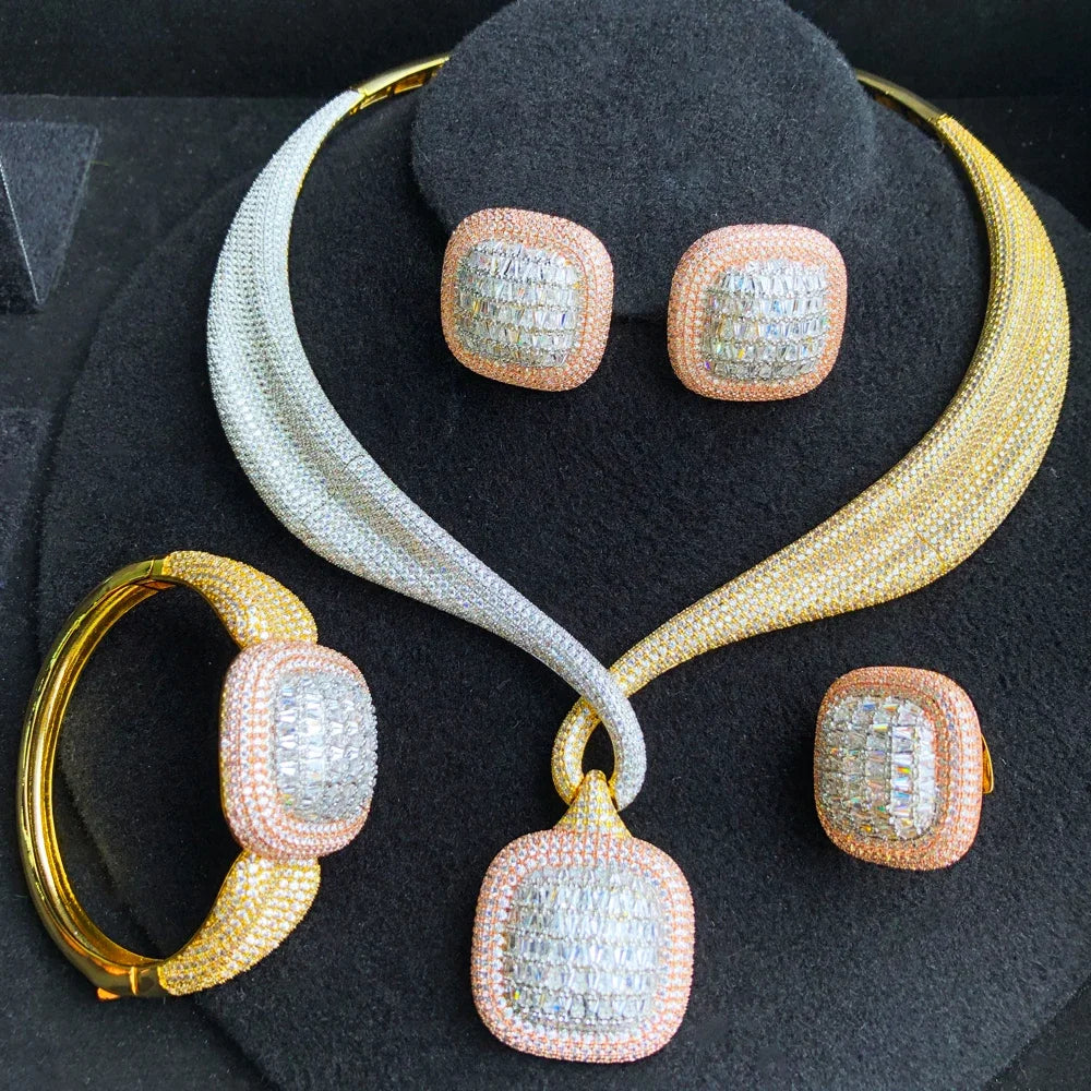 Maxy Trendy 4PCS Luxury Turquoise Statement Jewelry sets For Women Wedding Cubic Zircon Indian African Dubai Bridal Necklace