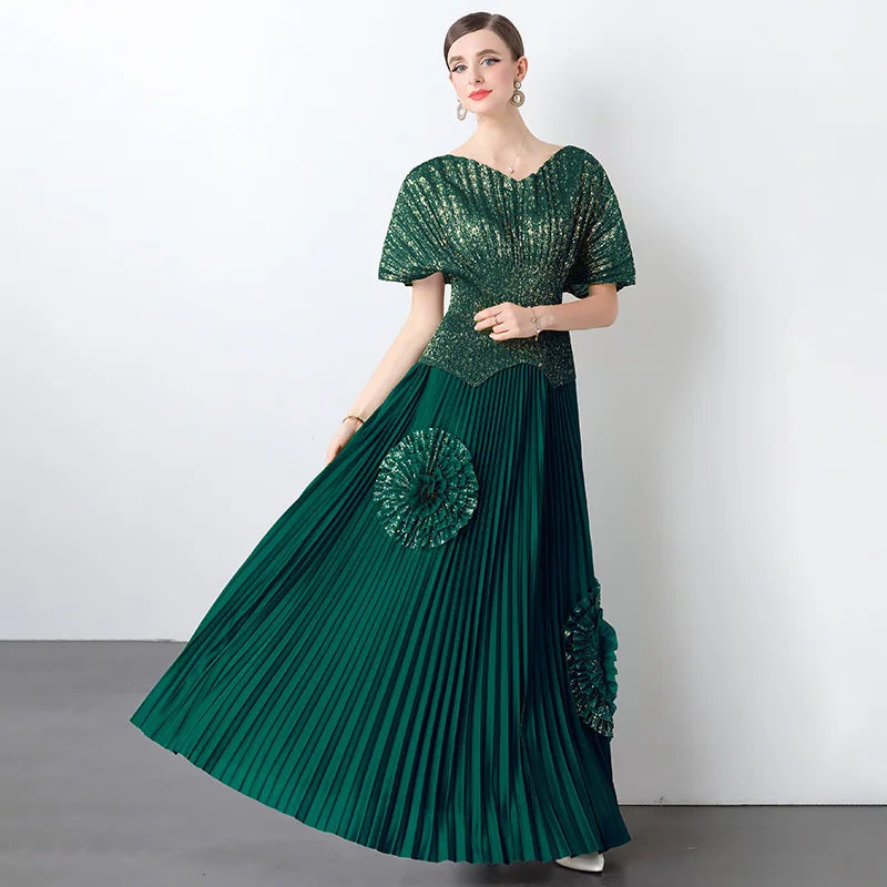 Maxy 2 Piece Women's Suit Elegant Plus Size Pleated Stretchy Glitter Top Skirt Dress Luxury Party Dress Long Prom