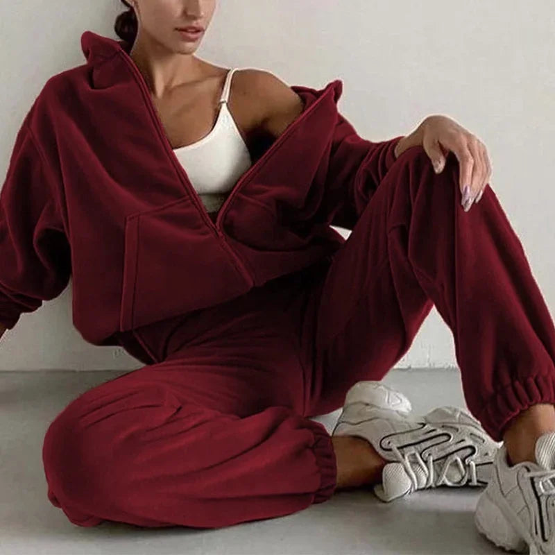 Maxy Women Tracksuit Autumn Winter Fleece Two Piece Sets Elegant Solid Oversized Warm Hoodies+Long Pant Sports Suit Ensemble Femme