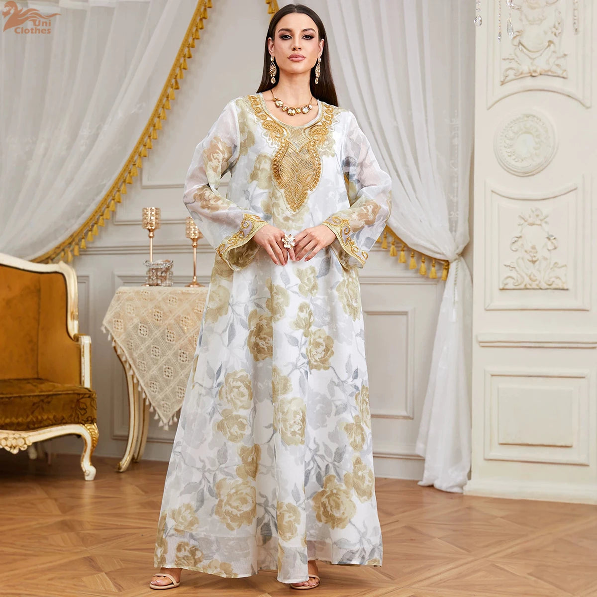 Zahraa 2026 Eid Muslim Beaded Printed Long Dress Elegant Modest Abaya Islam Clothing Dubai for Woman Party Dresses Jalabiya Gown
