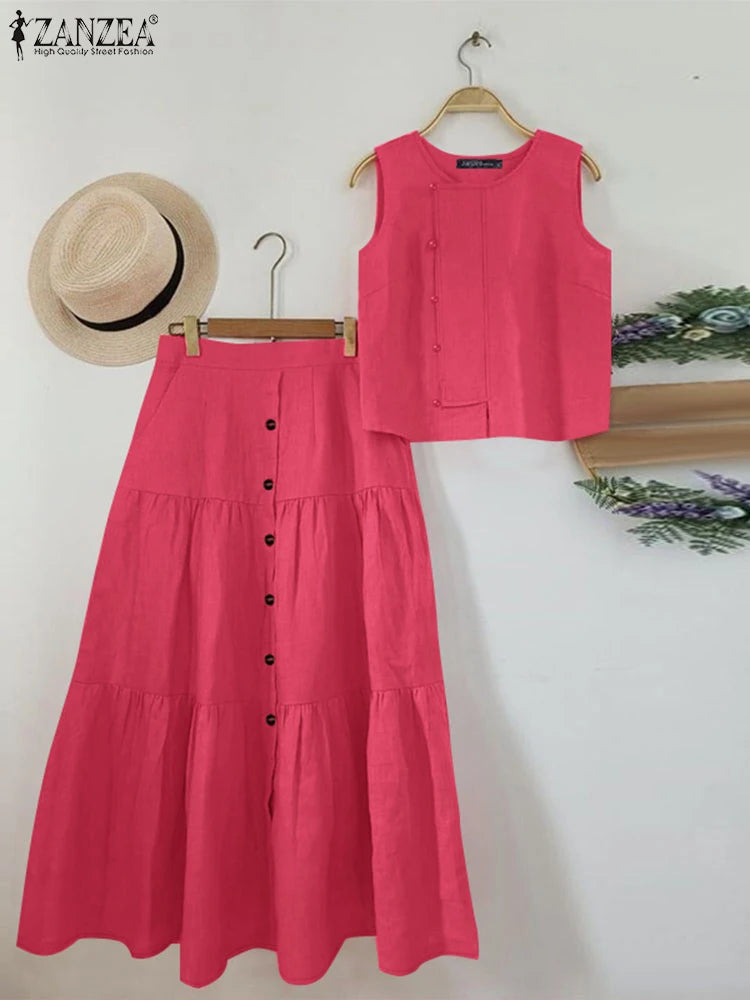 Maxy Fashion Tank Tops Outfits Women Solid Color Dress Sets Holiday Buttons Long Skirts Suit 2025 Summer Pleating Matching Set