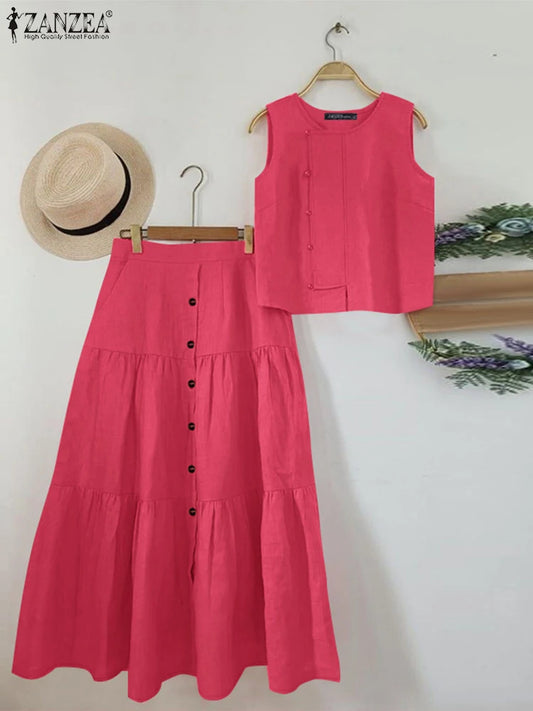 Maxy Fashion Tank Tops Outfits Women Solid Color Dress Sets Holiday Buttons Long Skirts Suit 2025 Summer Pleating Matching Set