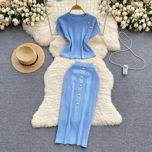 Maxy Skirt Set Women Two Piece Sets Dress Sets Short Sleeve Knitted Tops High Waist Long Skirts Elegant Splice Y2k Streetwear Work
