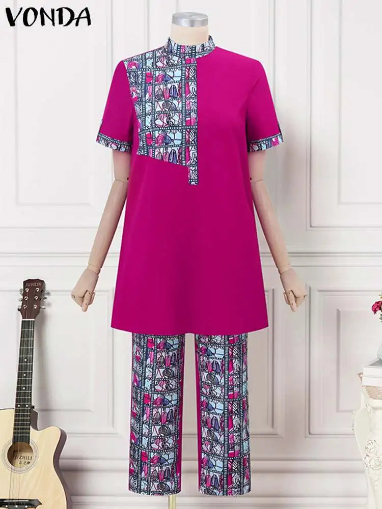 Maxy Women Office Sets Elegant Pants Suits Stand up Short Sleeve Printed Tops Pants Oversized Matching Sets Baggy