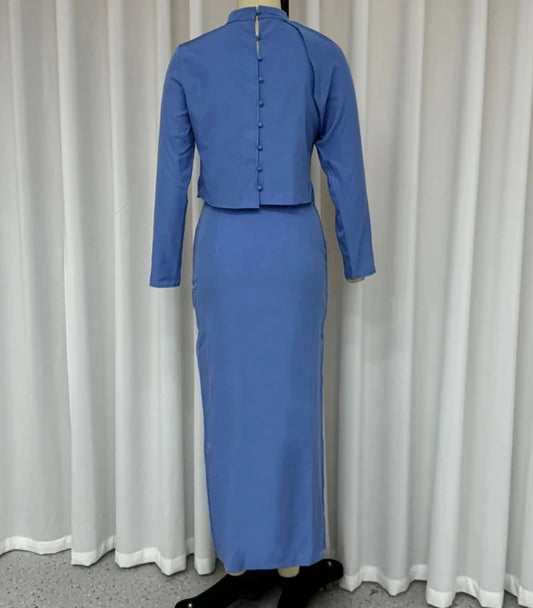 Maxy Elegant two piece set for woman Business casual autumn fashion solid color O-neck pleated hem crop top hem slit long skirt set